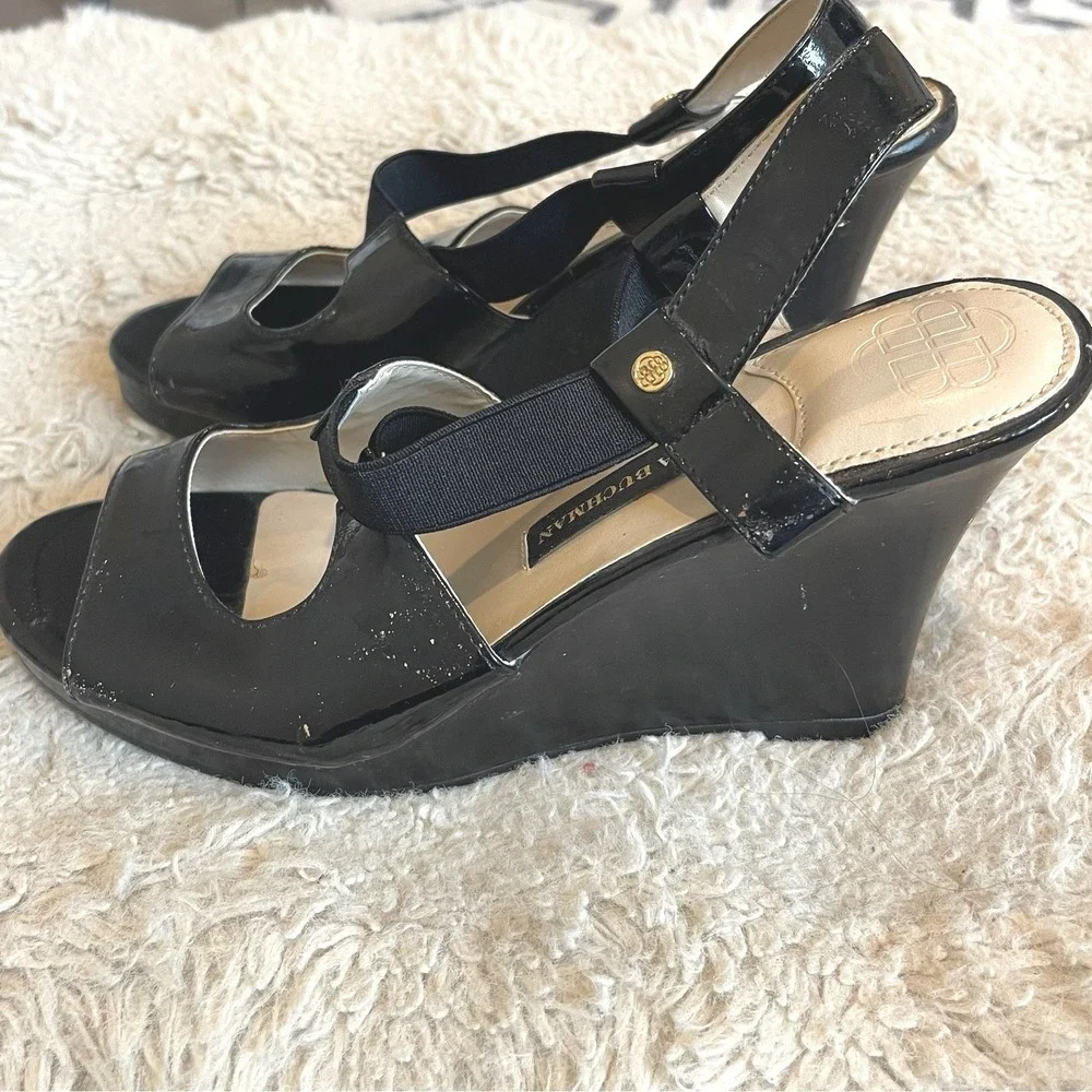 Dana Buchman Black Patent Peep Toe Wedge Sandals Elastic Slingback Shoes